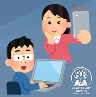 blue background and two kids with tech