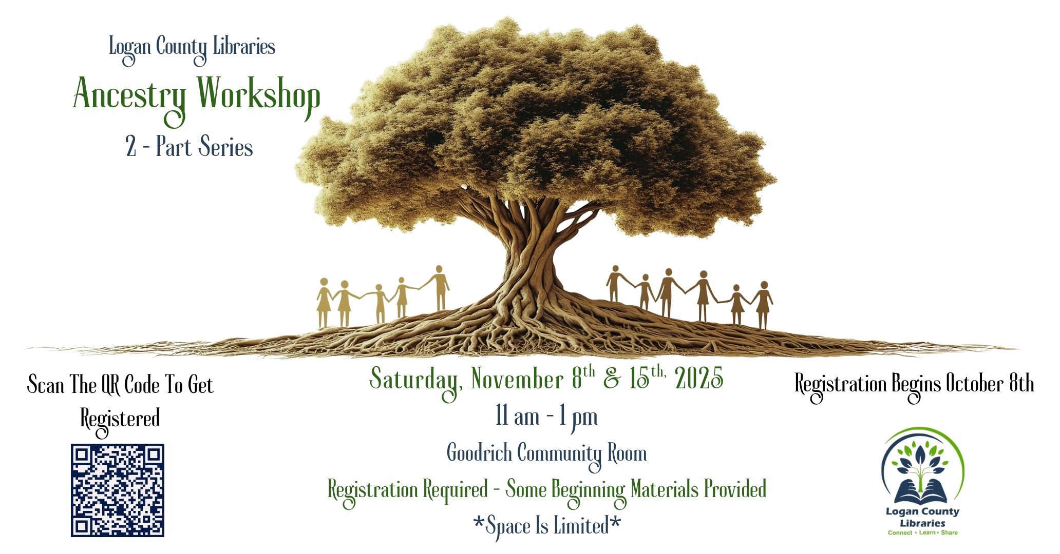 Green words and large wide tree with people under the branches