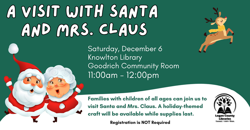 Green background and Santa and Mrs. Claus and a reindeer.