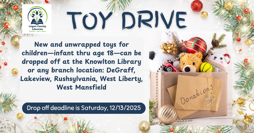 Bag of donated toys and border of Christmas decorations