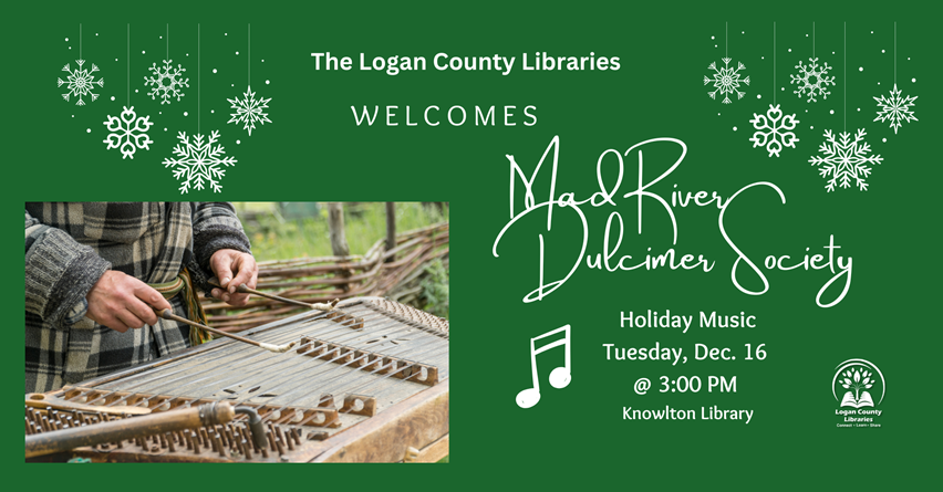 Green background with snowflakes and a person playing a dulcimer