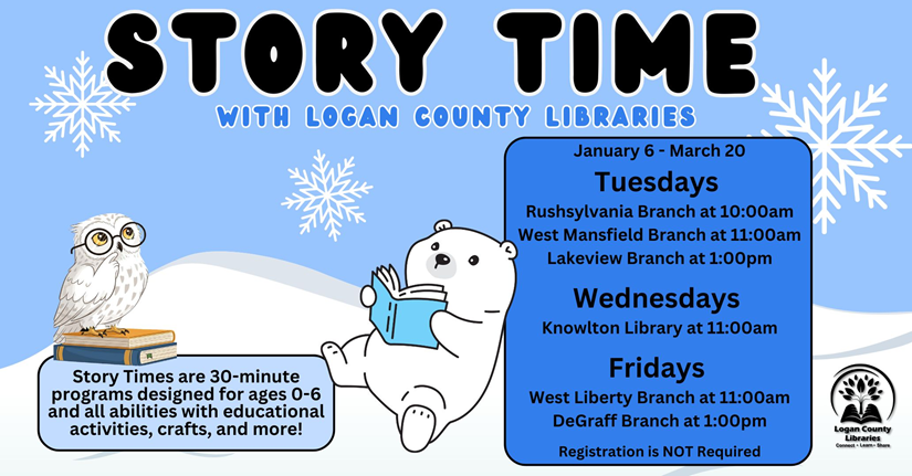 White bear reading a book and owl sitting on a perch with large snowflakes in the background