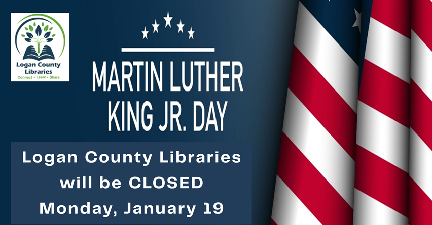 White lettering on blue background with vertical flag on the right