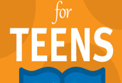 orange background white lettering blue outline of top half of book at the bottom