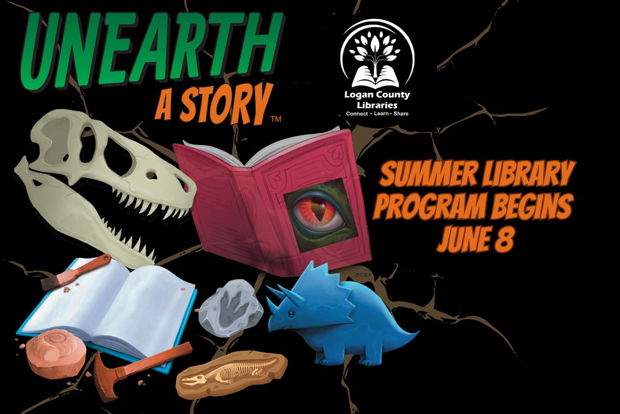 Dinosaur skull, books, archaeology tools