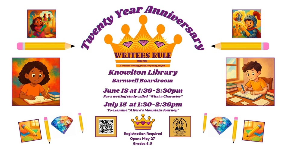 Crown in center of page and pictures of children writing or having adventures.