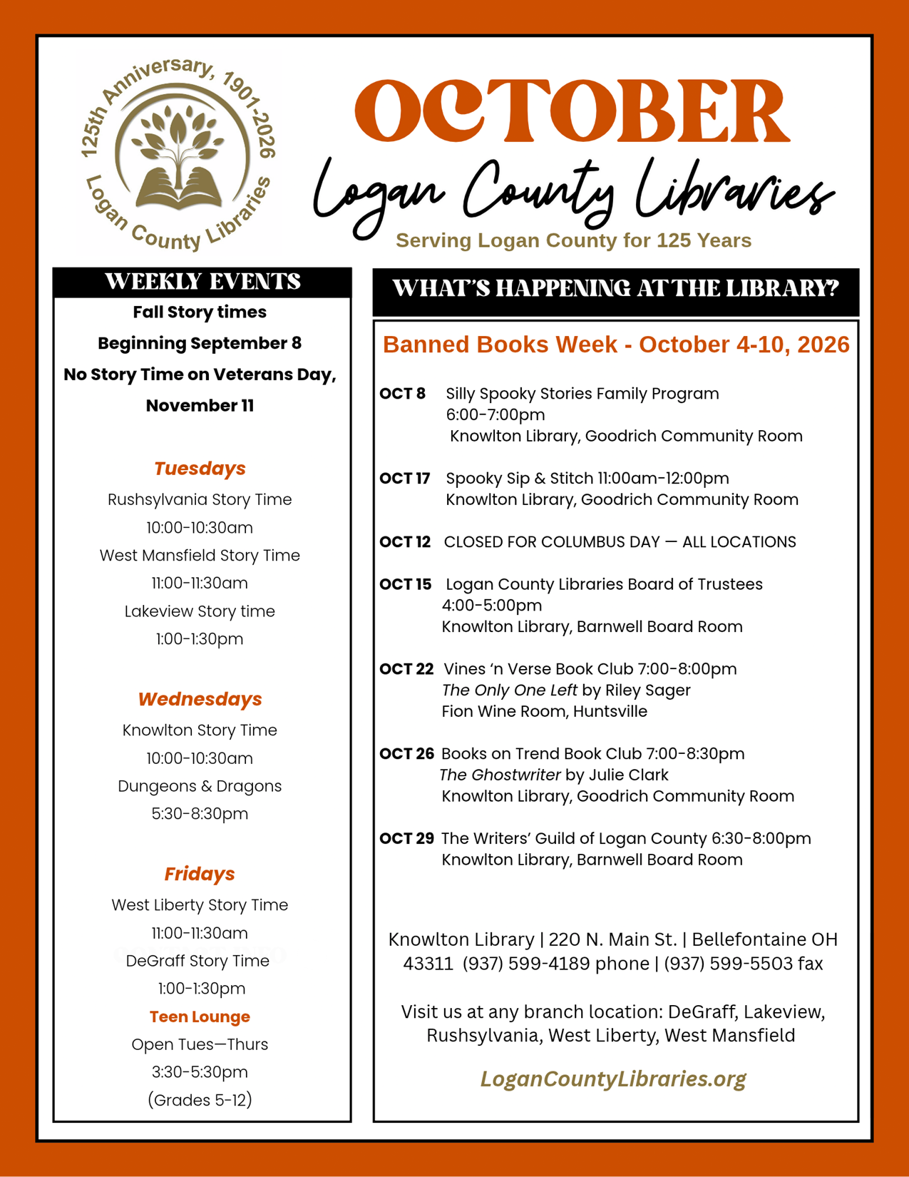 October 2026 calendar of events