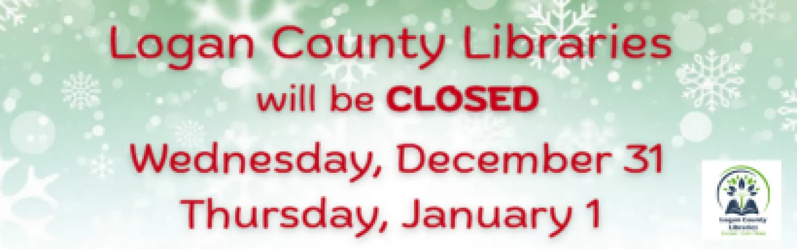 Red lettering on green background with snowflakes