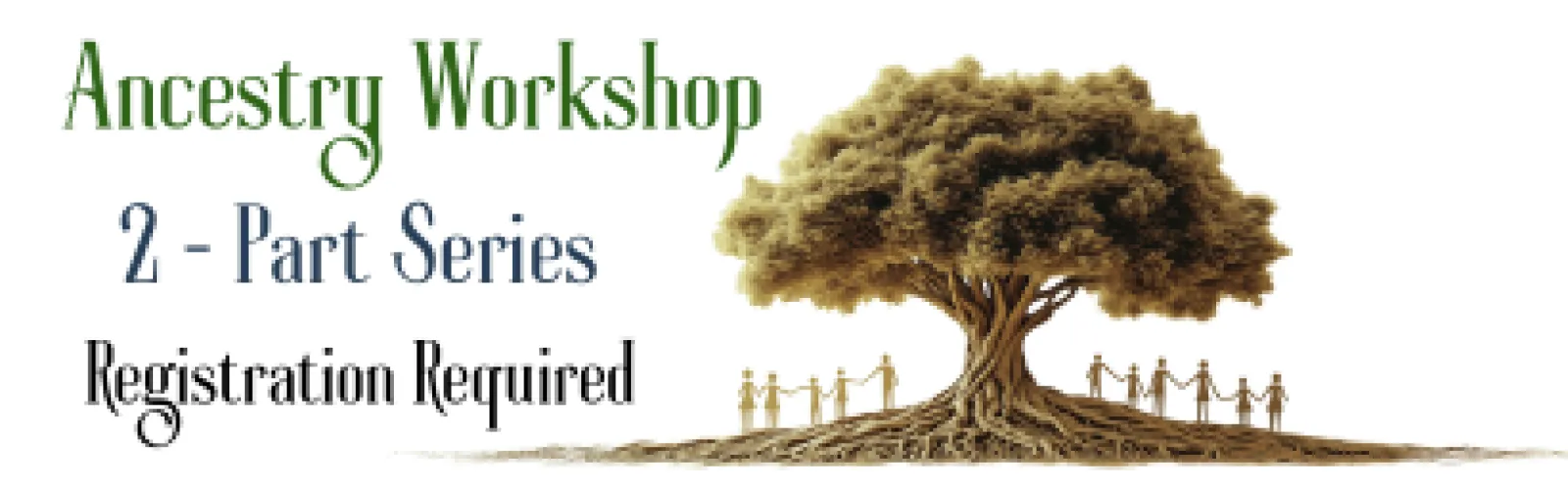Green words and large wide tree with people under the branches