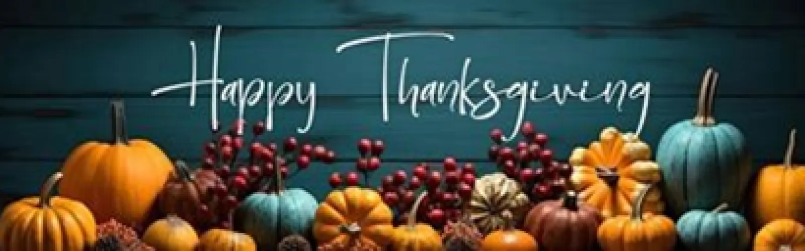 All different size pumpkins and berries on blue-green background