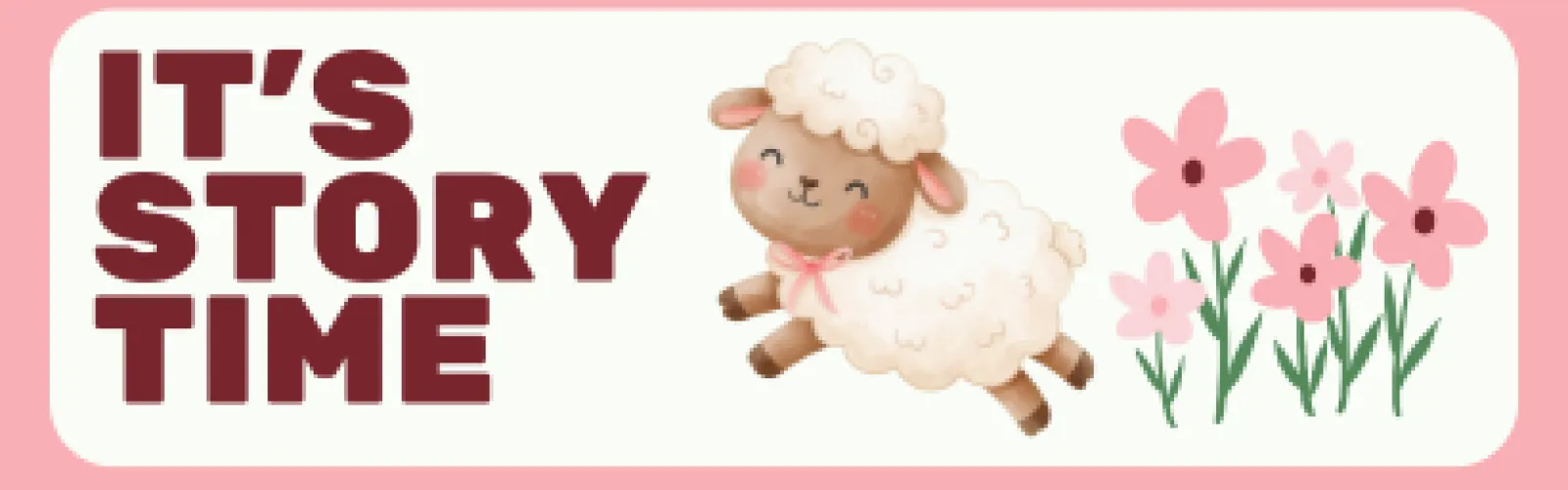 Pink frame frame around happy lamb and pink flowers.