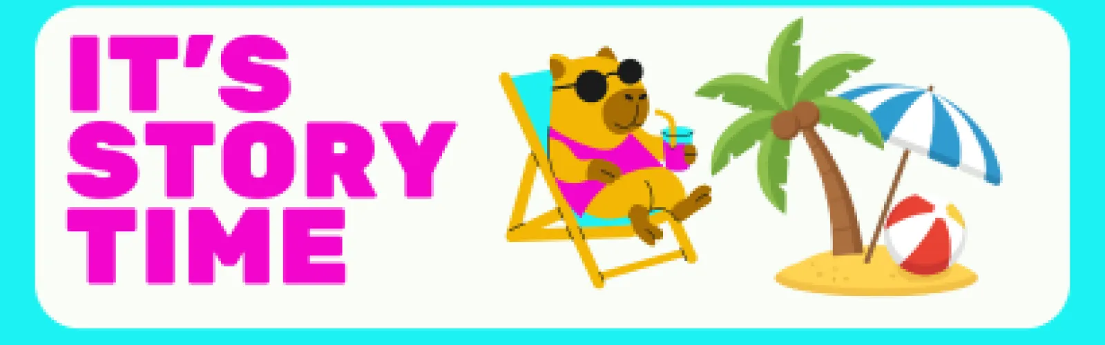 Animal reclining on a beach chair with palm tree, beachball, and beach umbrella in front of him.