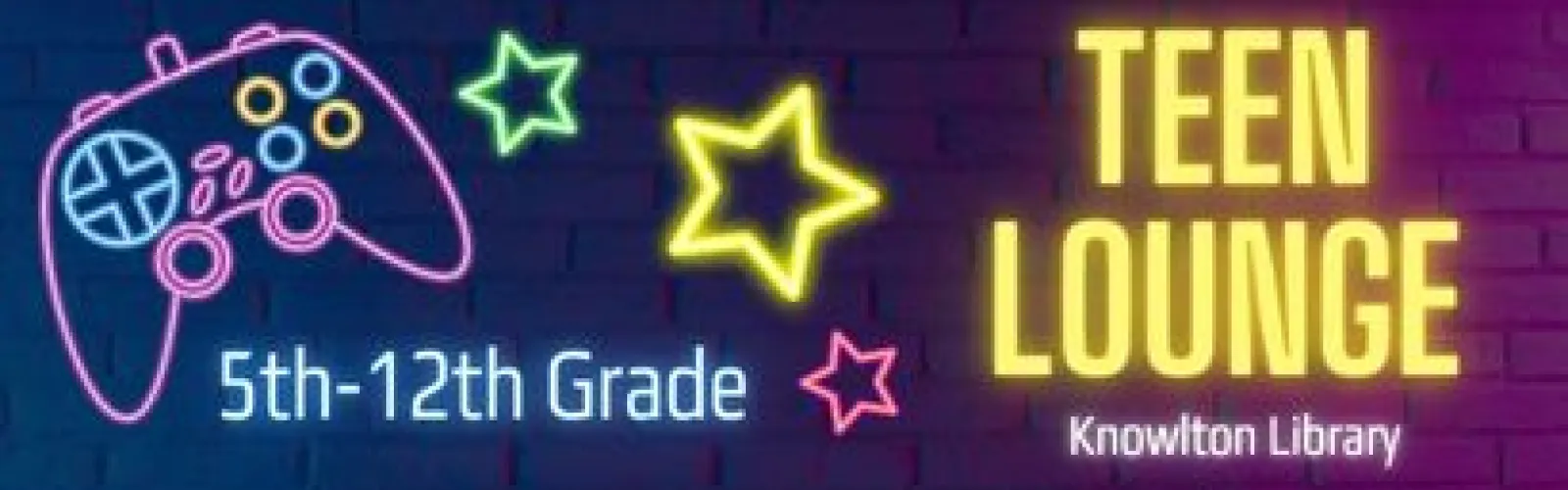 Neon sign style letters with outline of game controller and stars