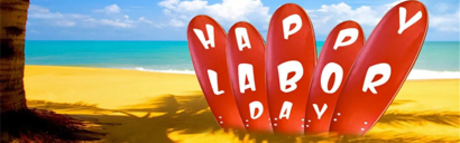Red surfboards sticking up in the sand on the beach
