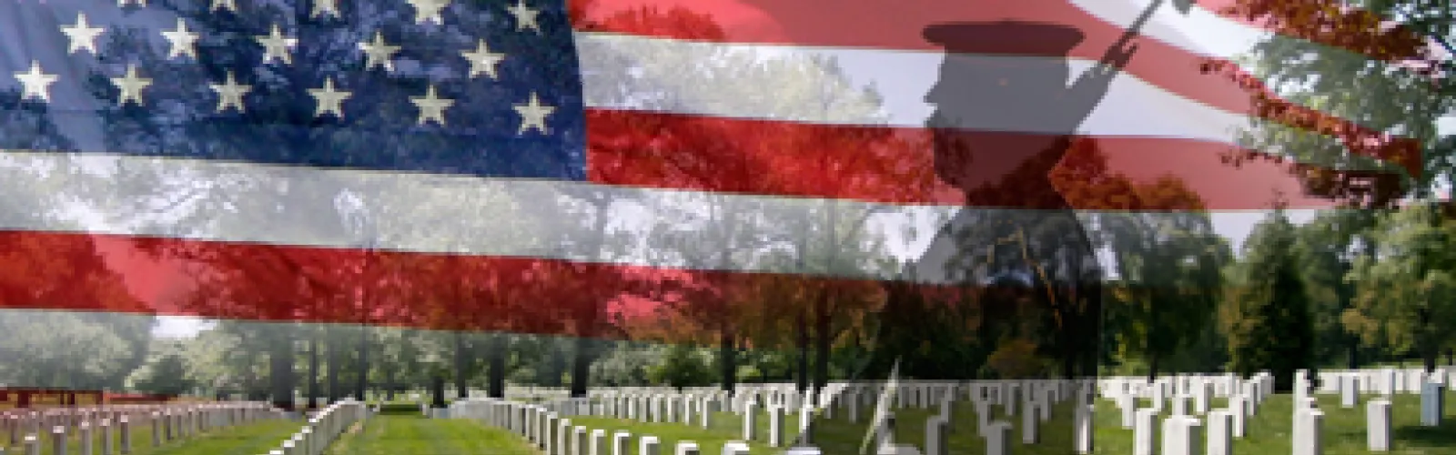 American flag in the background, scene of veterans cementary and silhouette of solder at attention