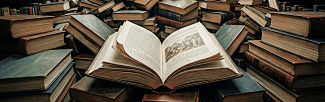 Mound of books between two bookshelves with thick book open on top